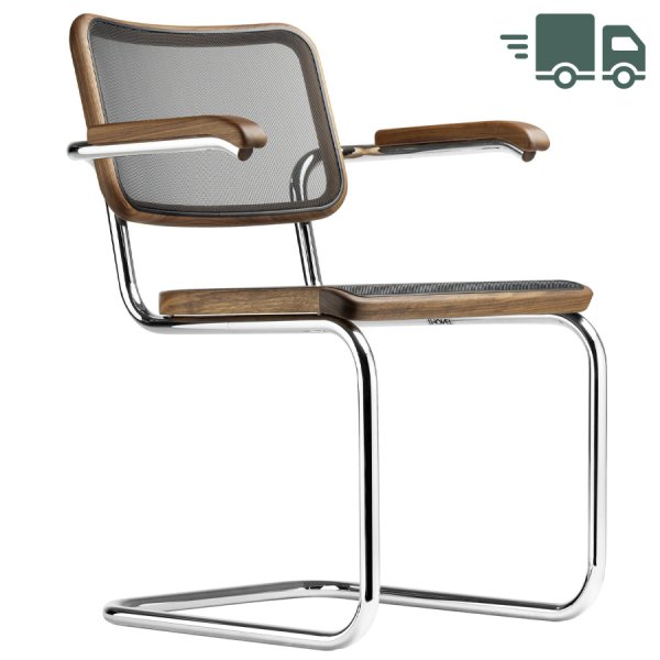 THONET Stahlrohr-Freischwinger S 64 N mit Armlehnen u. Netzbespannung schwarz - Gestell verchromt