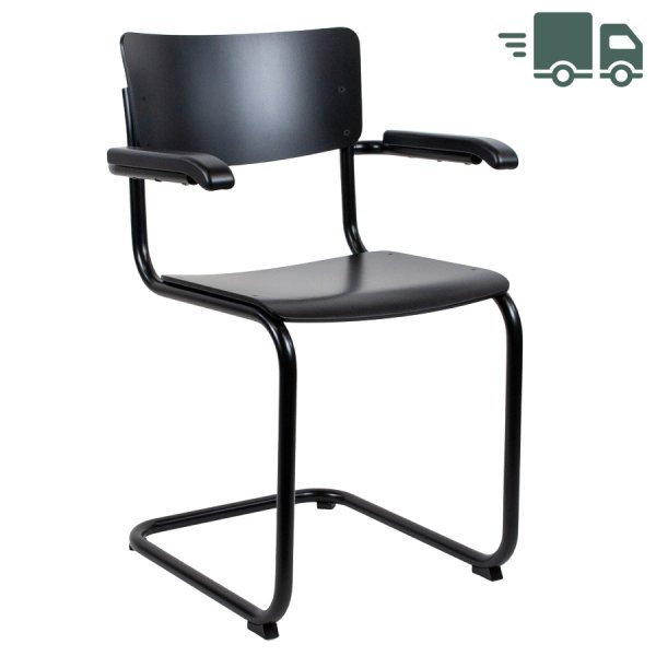 THONET Stahlrohr-Freischwinger S 43 F mit Armlehnen - Formholzschalen u. Gestell schwarz