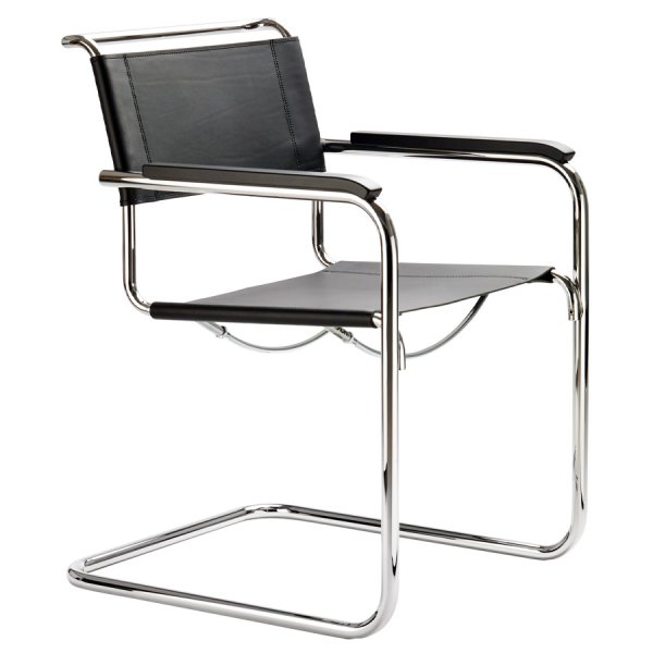THONET Stahlrohr-Freischwinger S 34 mit Armlehnen Sitz u. Rücken Kernleder schwarz - Gestell chrom