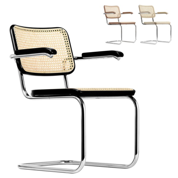 THONET S 64 V | Buche gebeizt schwarz | Stahlrohr-Freischwinger mit Armlehnen | Gestell verchromt