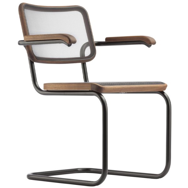 THONET Stahlrohr-Freischwinger S 64 N mit Armlehnen u. Netzbespannung schwarz - Gestell schwarz