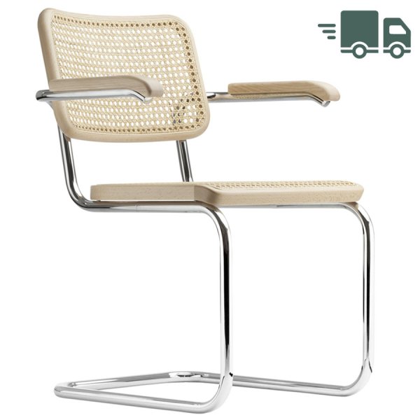 THONET Stahlrohr-Freischwinger S 64 V Buche natur mit Rohrgeflecht-Sitz u. Armlehnen 