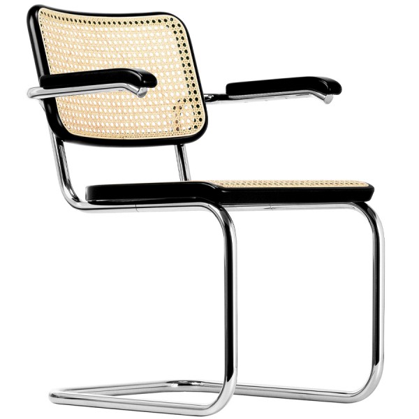 THONET Stahlrohr-Freischwinger S 64 V Rohrgeflecht-Sitz mit Armlehnen - Gestell verchromt
