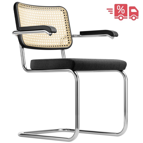 THONET Stahlrohr-Freischwinger S 64 SPV mit Armlehnen, Rücken Rohrgeflecht, Sitz vollgepolstert 