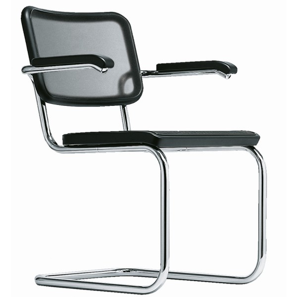 THONET Stahlrohr-Freischwinger S 64 N mit Armlehnen u. Netzbespannung schwarz - Gestell verchromt