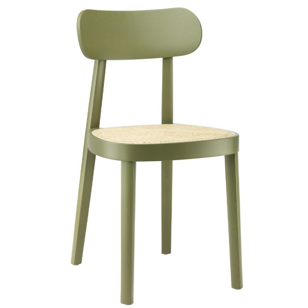 THONET 118 Holzstuhl Buche gebeizt olivgrün mit Rohrgeflecht-Sitz