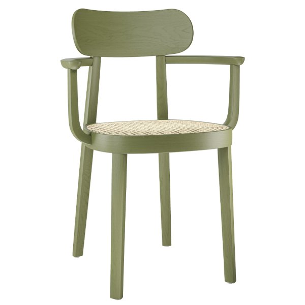 THONET 118 F Holzstuhl mit Armlehnen u. Rohrgeflecht-Sitz Buche gebeizt olivgrün