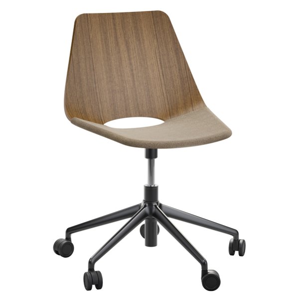 THONET S 661 DR Formholz-Stuhl - Sitzfläche gepolstert - Nussbaum - Fußkreuz schwarz mit Rollen