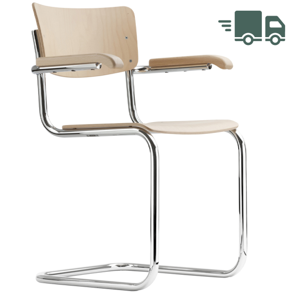 THONET Stahlrohr-Freischwinger S 43 F - Formholzschalen Buche natur mit Armlehnen 